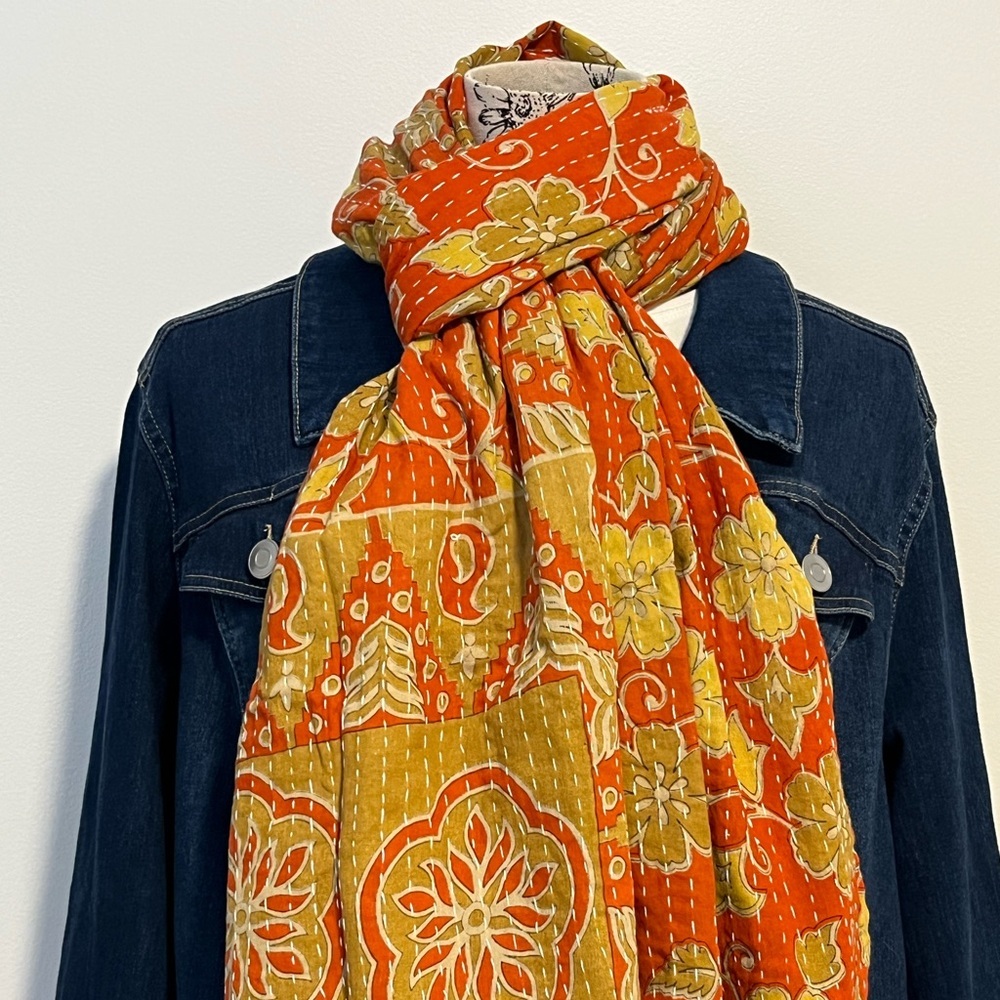 KANTHA SCARF REVERSIBLE TWO SIDED SARI HEAD WRAP DECOR LINEN SARONG